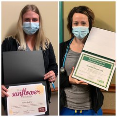 Haley Aubry (left), Sunflower Award recipient and Jennifer Hauser, RN (right), DAISY Award recipient.